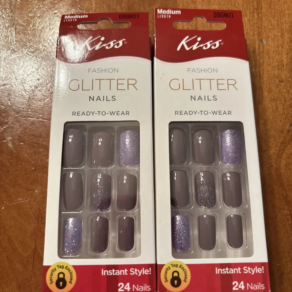 KISS NAILS GLUE ON Fashion Glitter Purple Medium LENGTH COFFIN BALLERINA SHAPE
